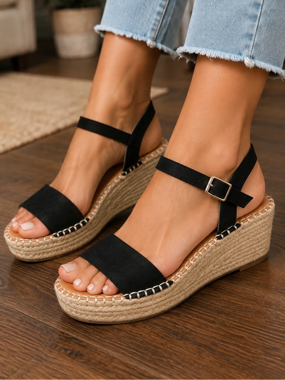 Kelly & Katie Black Espadrille Platform Wedge Sandals Ankle Strap Size 9